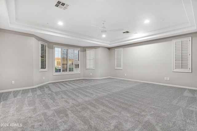 spare room featuring a raised ceiling, ceiling fan, and carpet floors