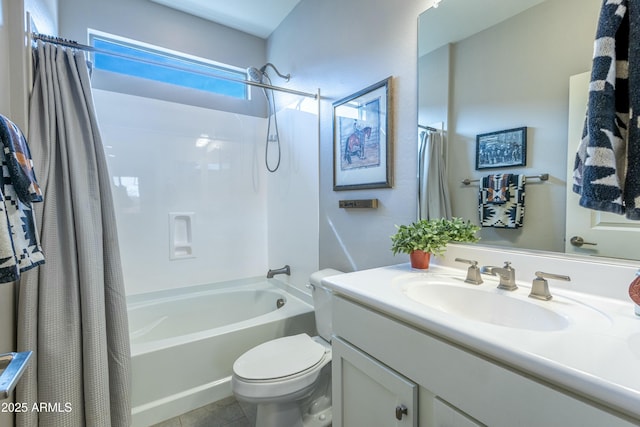 full bathroom with shower / tub combo, vanity, toilet, and tile patterned floors