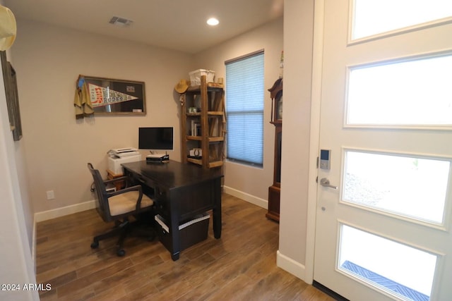 office area with hardwood / wood-style flooring