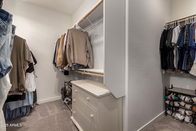 walk in closet with dark colored carpet