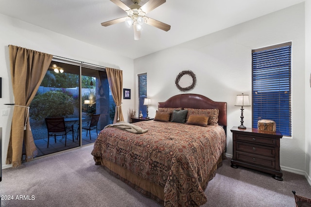 carpeted bedroom featuring ceiling fan and access to exterior