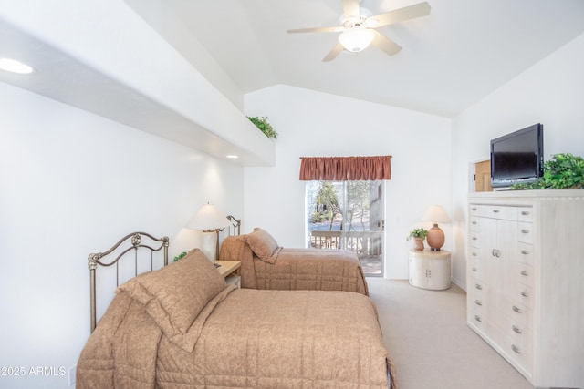 carpeted bedroom with lofted ceiling, a ceiling fan, and access to exterior