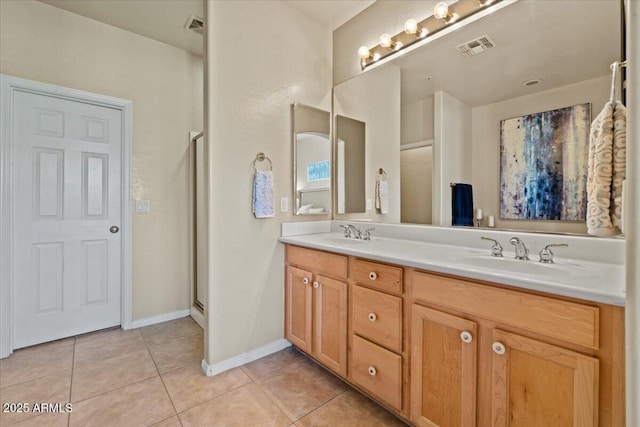 16420 N Thompson Peak Pkwy Unit 1002, Scottsdale, AZ 85260 - full bath with tile patterned flooring, double vanity, a stall shower, and baseboards
