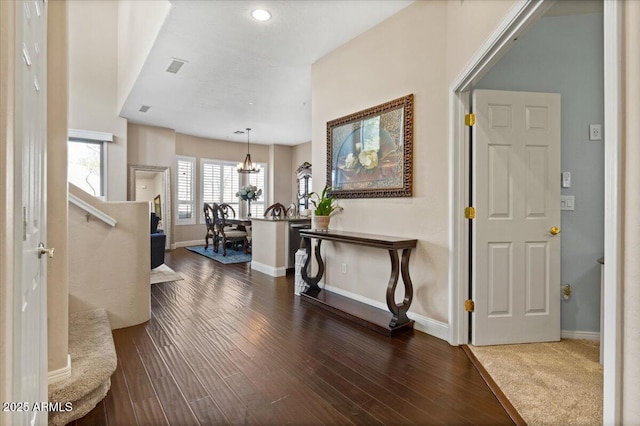 16420 N Thompson Peak Pkwy Unit 1002, Scottsdale, AZ 85260 - entryway featuring dark wood-style floors, baseboards, a chandelier, and recessed lighting