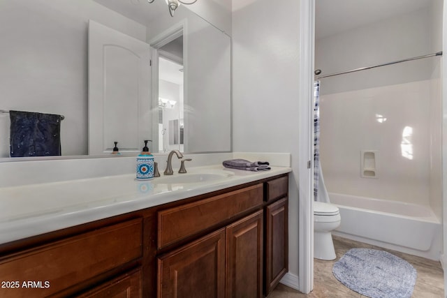 bathroom with toilet, vanity, shower / tub combo, and tile patterned flooring