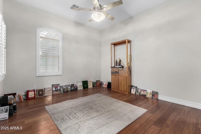 playroom featuring a ceiling fan and wood finished floors