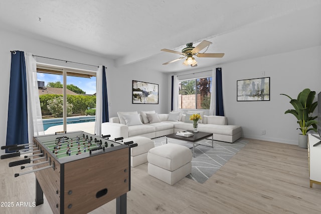 2916 S Revere Cir, Mesa, AZ 85210 - living room with light wood finished floors, a ceiling fan, and baseboards