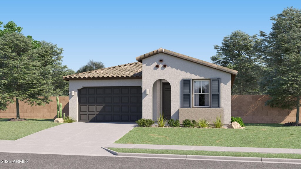 mediterranean / spanish-style home featuring fence, an attached garage, concrete driveway, and stucco siding