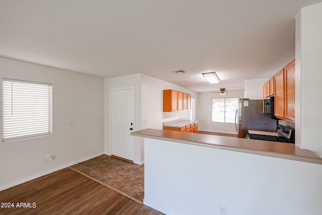 kitchen featuring ceiling fan, hardwood / wood-style flooring, stainless steel appliances, and kitchen peninsula