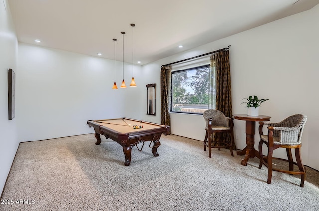 rec room with billiards and carpet flooring