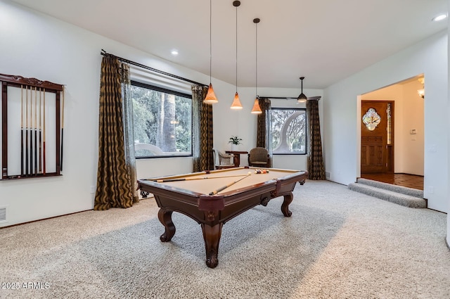 playroom with pool table and light carpet