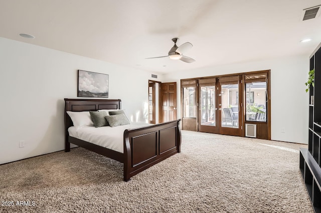 bedroom with access to exterior, carpet floors, french doors, and ceiling fan