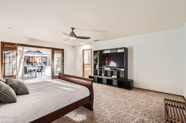 carpeted bedroom with access to outside and ceiling fan