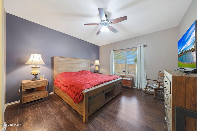 bedroom featuring dark hardwood / wood-style floors and ceiling fan