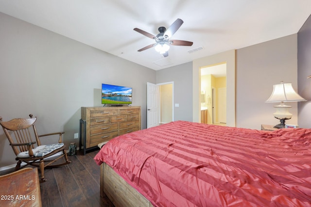 bedroom featuring dark hardwood / wood-style flooring and ceiling fan