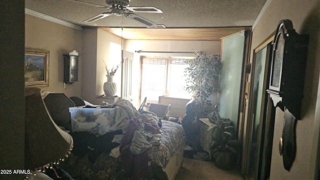 bedroom with crown molding and a textured ceiling