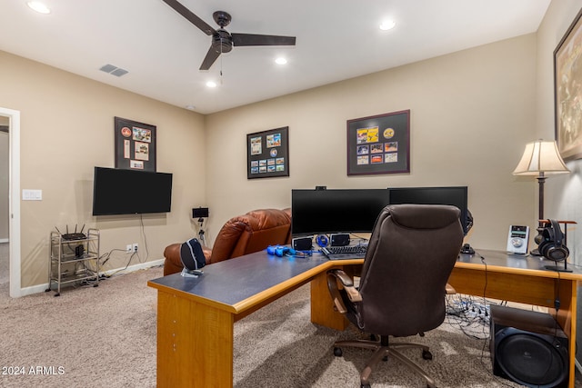 office area with carpet floors and ceiling fan