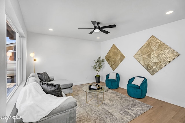 14635 N 37th Pl, Phoenix, AZ 85032 - living room featuring ceiling fan, recessed lighting, wood finished floors, and baseboards