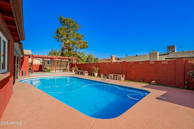 8623 W Indianola Ave, Phoenix, AZ 85037 - view of pool with a pergola, a fenced backyard, a fenced in pool, central air condition unit, and a patio