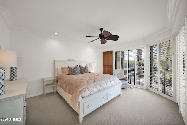 carpeted bedroom featuring ornamental molding, ceiling fan, and access to exterior