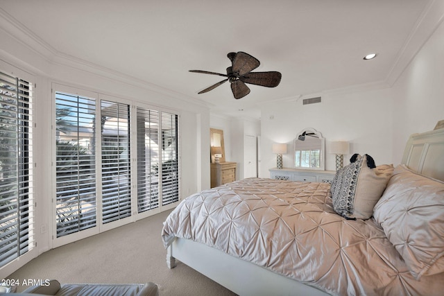 bedroom featuring ceiling fan, access to exterior, and crown molding