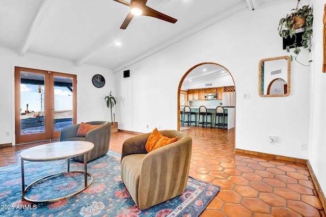 living room featuring french doors, ceiling fan, tile patterned flooring, and lofted ceiling with beams