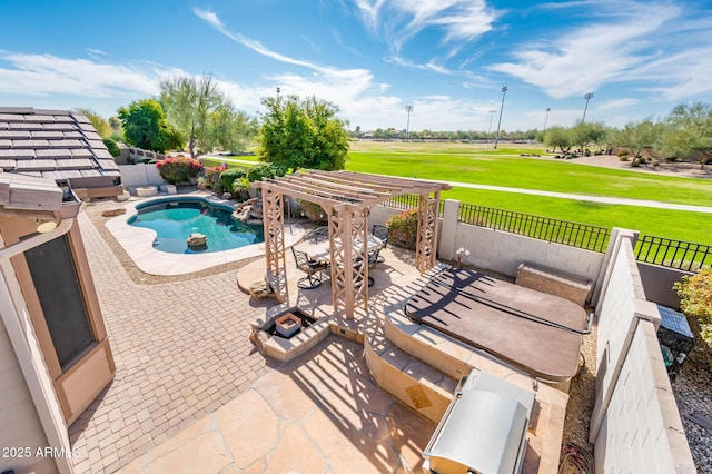 view of swimming pool featuring a yard, a pergola, and a patio