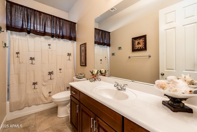 full bathroom featuring shower / tub combo, vanity, tile patterned flooring, and toilet