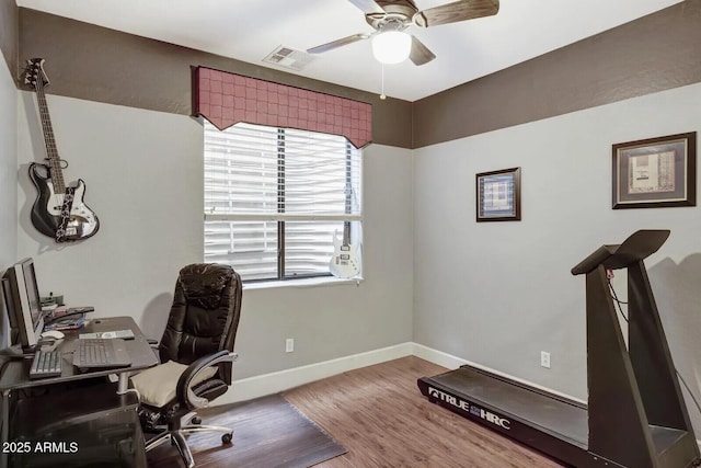 office with a ceiling fan, wood finished floors, visible vents, and baseboards