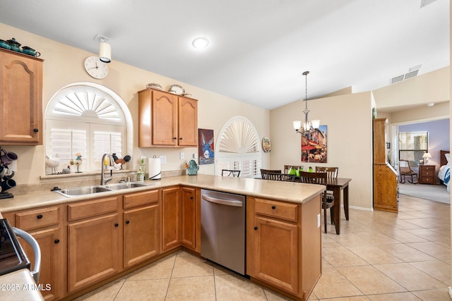 kitchen featuring pendant lighting, dishwasher, lofted ceiling, sink, and kitchen peninsula