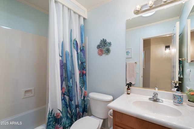 full bathroom featuring ornamental molding, shower / bathtub combination with curtain, vanity, and toilet