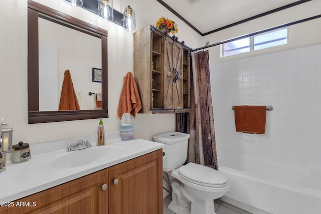 full bathroom featuring vanity, shower / bath combination with curtain, tile patterned floors, and toilet