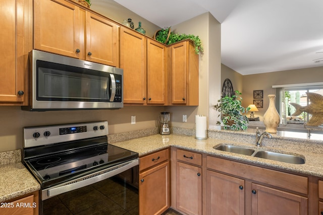 kitchen with light stone counters, sink, and appliances with stainless steel finishes