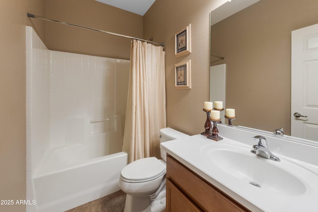 full bathroom featuring vanity, shower / bath combination with curtain, and toilet