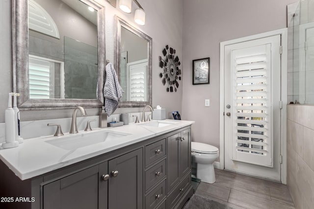 bathroom with toilet, vanity, and a healthy amount of sunlight