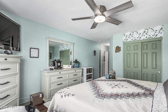 3755 E Hazeltine Way, Chandler, AZ 85249 - bedroom with a closet, baseboards, a ceiling fan, and wood finished floors