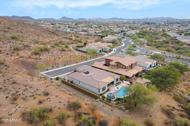 birds eye view of property featuring a residential view and a mountain view