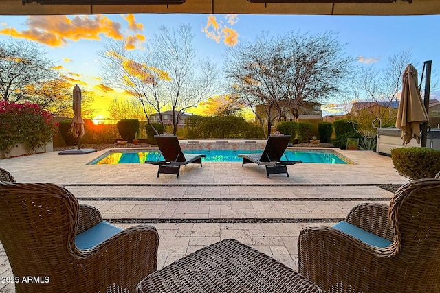 view of swimming pool featuring a patio, a fenced backyard, and a fenced in pool