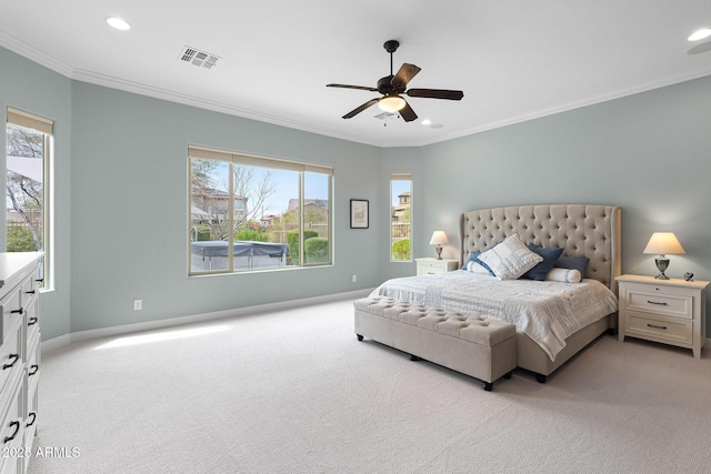 bedroom featuring crown molding, recessed lighting, visible vents, light carpet, and baseboards