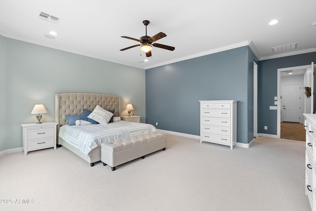 bedroom with baseboards, visible vents, light colored carpet, and ornamental molding