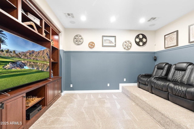 cinema room with baseboards, recessed lighting, visible vents, and light colored carpet