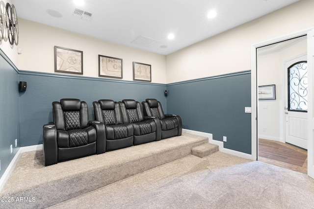 carpeted cinema with baseboards, visible vents, and recessed lighting