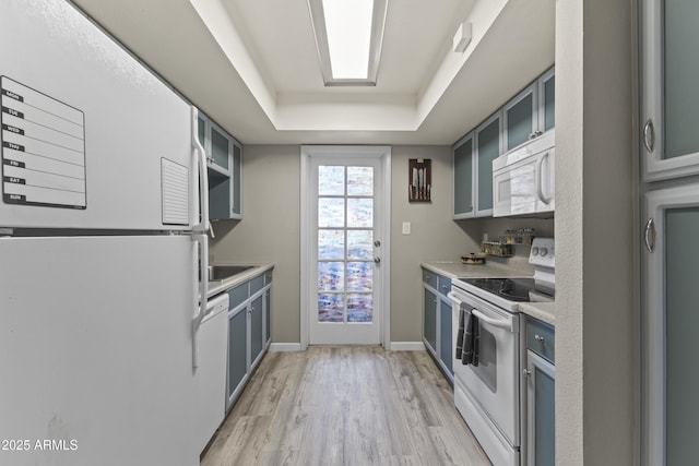 1927 E Hampton Ave Unit 204, Mesa, AZ 85204 - kitchen with white appliances, light wood finished floors, a tray ceiling, and light countertops