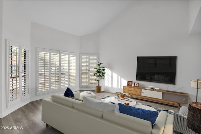 living room featuring dark hardwood / wood-style floors and vaulted ceiling