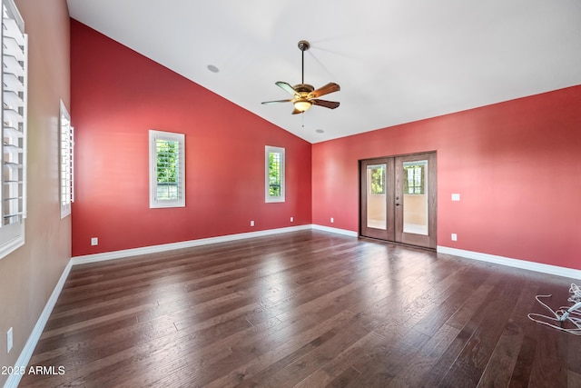 1435 E Rancho Dr, Phoenix, AZ 85014 - spare room with baseboards, hardwood / wood-style flooring, french doors, a ceiling fan, and vaulted ceiling