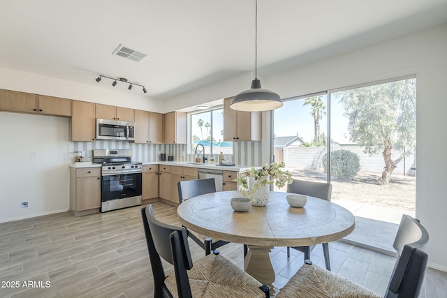 kitchen with appliances with stainless steel finishes, a sink, baseboards, light countertops, and light wood-style flooring