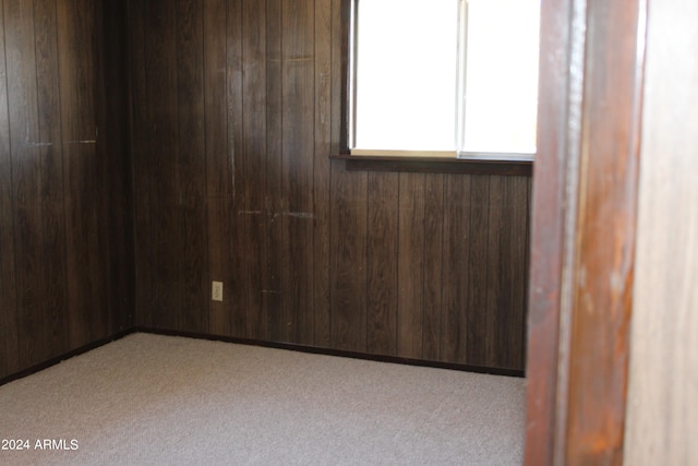 carpeted spare room with wooden walls