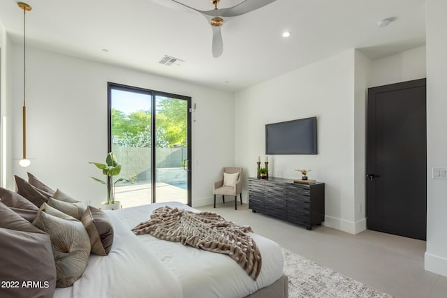 bedroom featuring access to exterior and ceiling fan