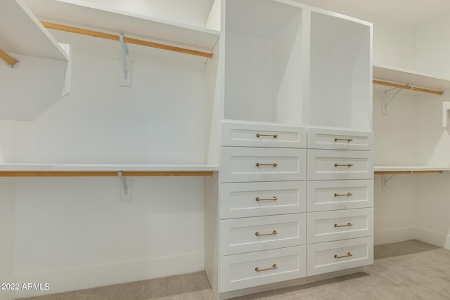 walk in closet featuring light colored carpet