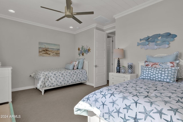 bedroom with ceiling fan, ornamental molding, and dark colored carpet